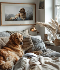 Golden retriever is laying on a bed next to a book