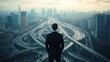 © anonymous - A businessman overlooks a complex urban highway network at dusk, contemplating challenges ahead.