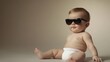© Art Fusion - baby in black sunglasses, white diaper posing confidently on solid background with gentle shadows, playful yet stylish baby attitude.