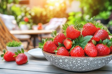 Fresh strawberries in bowl on sunny garden table