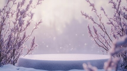 Leinwandbilder - A tranquil winter morning showcases a blanketed snowy terrain surrounded by delicate, frost-tipped plants, creating a peaceful atmosphere. Soft light glimmers as the day begins.