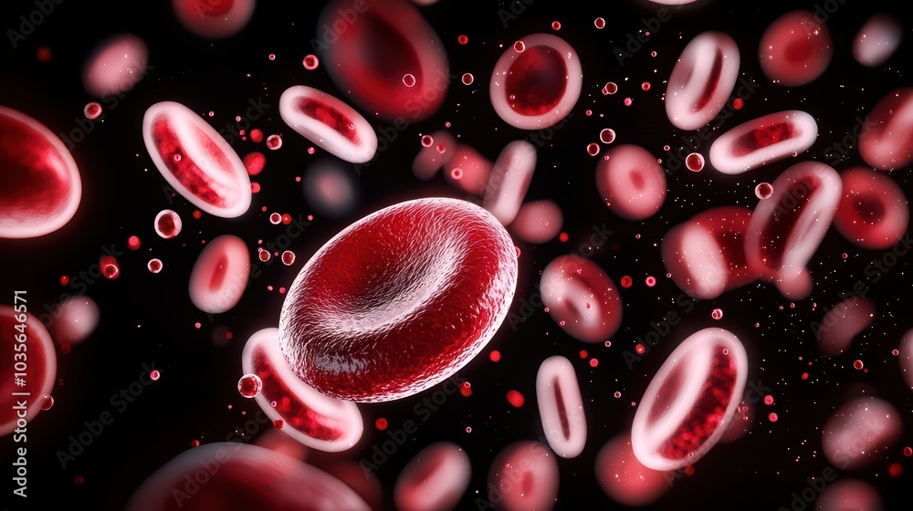 Microscopic view of red blood cells in motion against a dark background ...