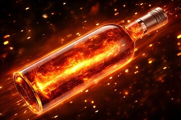 Leinwandbilder - Fiery Glass Bottle with Glowing Liquid and Sparks Background