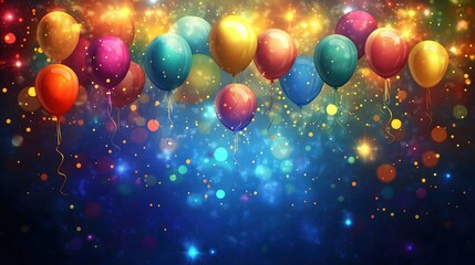 Wall Mural - Multicolored balloons floating against dark background with glowing particles and bokeh lights
