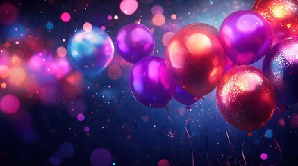 Wall Mural - Shiny balloons in purple, red, and blue floating against dark background with glowing particles