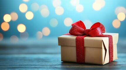 Gold gift box with shiny red ribbon on blue wooden surface against blurred light background