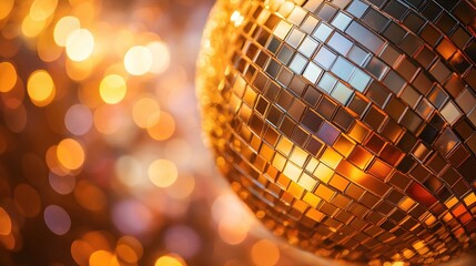 Wall Mural - golden disco ball closeup with bokeh. new year's eve party decoration concept