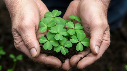 Hands holding soil with growing clover plants. Environmental care and luck symbolism concept