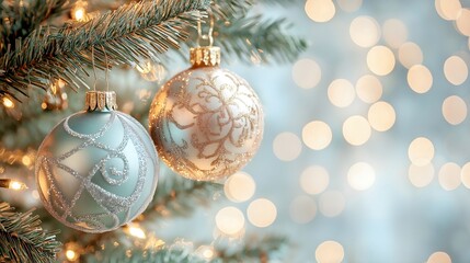 Ornate Christmas ornaments hanging on pine tree. Festive holiday decoration and winter celebration concept