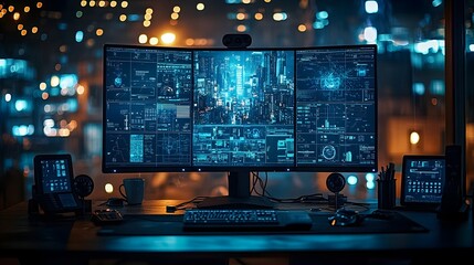 Poster - a photograph showcasing the desk of a police officer in a contemporary station equipped with advance