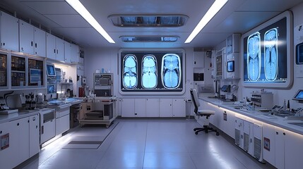 Poster - A photograph of a state of the art laboratory environment featuring holographic 3D medical scans displayed above various lab equipment
