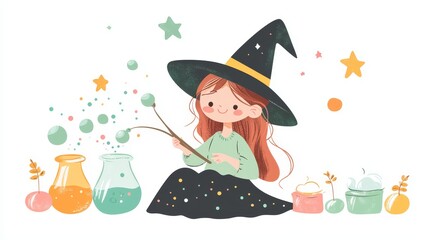 Cheerful Witch Happily Mixing Colorful Potions in Magical Cauldron with Sparkling Surroundings