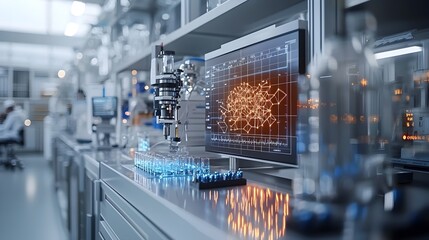 Poster - clean and modern science laboratory setting with a holographic interface projecting detailed chemica