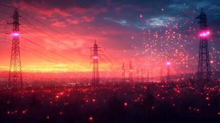 Poster - high voltage power line towers with a futuristic holographic digital energy grid and data indicators