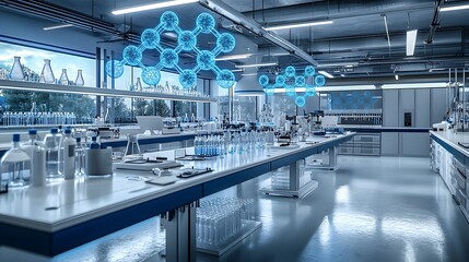 Poster - Futuristic Science Laboratory with Holographic Molecular Models Floating Above Workbench Ample Copy Space Available on Lab Table and Walls
