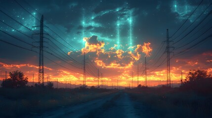 Poster - towering high voltage power poles with holographic energy waves projected between the cables clean c