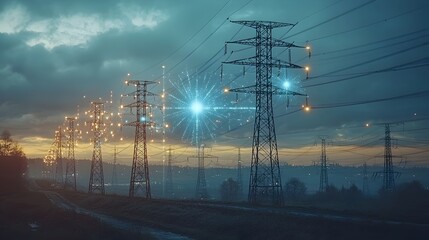 Poster - towering high voltage power poles with holographic energy waves projected between the cables creatin