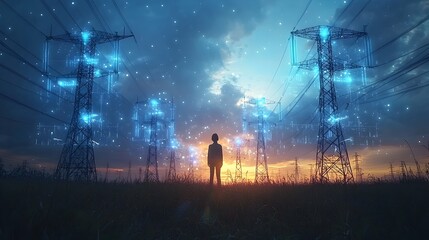 Poster - photograph of high voltage electricity transmission towers standing tall in a rural countryside sett