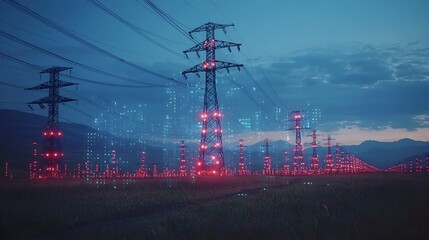 Poster - photograph of high voltage electrical transmission towers in a rural area featuring holographic data