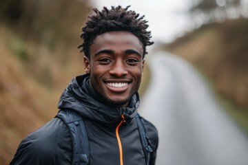 Poster - Smiling young male runner on country road, Generative AI