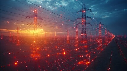 Poster - a photograph of a high voltage power line field with holographic electrical grids floating near the 