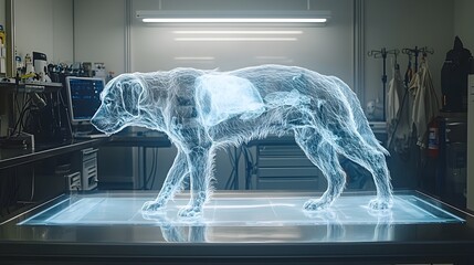 Poster - Futuristic veterinary diagnostic room with a hologram of a pet s x ray floating above a smart medical console  The room features ample copy space on the walls and around the holographic display