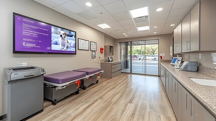 Poster - a state of the art veterinary hospital treatment room featuring a holographic display of patient dat