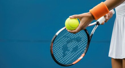 closeup of a tennis player holds a tennis ball and a racket in hand, ready to serve.