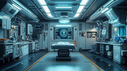 Poster - Futuristic high tech veterinary hospital surgery room with a holographic display of vital signs hovering above the surgical table  The clean