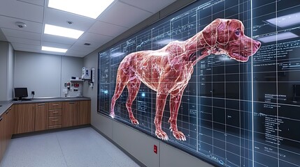 Poster - Futuristic Veterinary Hospital Exam Room with Holographic Animal Anatomy Projection and Clear Copy Space on Walls and Exam Table
