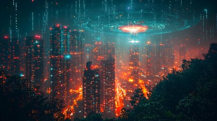 Poster - futuristic city skyline with a large satellite dish mounted on the rooftop of a modern skyscraper pr