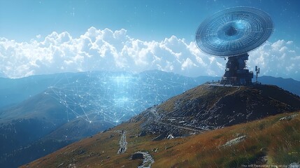 Poster - a futuristic satellite dish perched atop a majestic mountain projecting a holographic network map sh