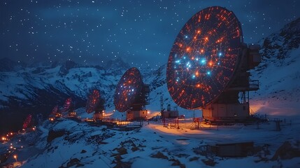 Poster - Futuristic mountain top satellite dish broadcasting a holographic network map of global communications and data transmission