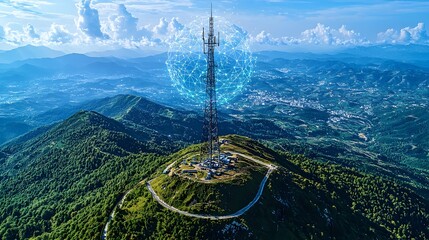 Poster - Mountain top Satellite Dish Projecting Holographic Map of Global Communications Network  Clear Copy Space Available Around Dish and in the Sky