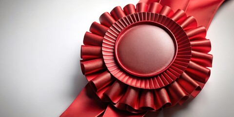 A single, red, satin ribbon is formed into a rosette and placed on a white background with the ribbon extending off of the side.