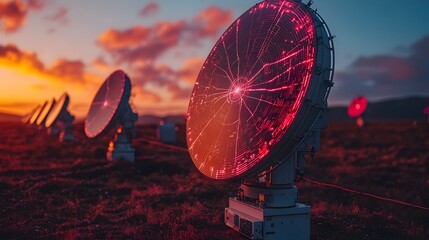 Poster - satellite communication hub with holographic data streams flowing between satellite dishes in a futu