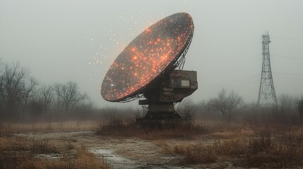 Poster - A photograph showcasing a rural satellite dish installation featuring holographic data overlays depicting satellite positions and signal transmissions