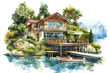 A picturesque lakeside house with a wooden dock, surrounded by trees and mountains, exuding tranquility and charm.