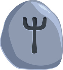 Cartoon illustration of a grey stone showing the algiz rune symbolising protection