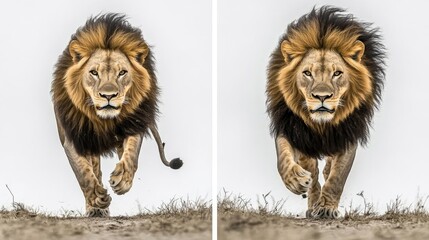 Poster - Majestic African Lions Sprinting Towards the Camera in Natural Habitat Generative AI