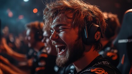Poster - A joyful esports player celebrates a hard-fought victory, surrounded by teammates and animated fans in a lively tournament atmosphere, showcasing intense passion and enthusiasm.