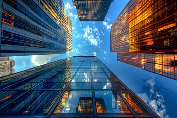 Poster - Stunning Urban Skyline: A Unique Perspective of Skyscrapers Reaching for the Sky