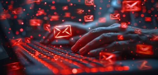 Poster - Close-up of hands typing on a keyboard with floating red email icons illustrating digital communication.
