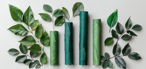 Poster - Aesthetic arrangement of green leaves and cylindrical paper tubes on a light background, creating a serene and natural composition.