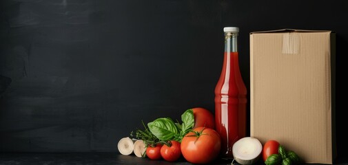 A fresh assortment of vegetables and a bottle of sauce beside a cardboard box on a dark background, perfect for food-related projects.