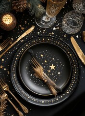 Wall Mural - Elegant black and gold table setting with star details for a festive celebration