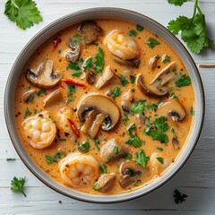 A bowl of creamy shrimp soup with mushrooms and herbs served on a white wooden table