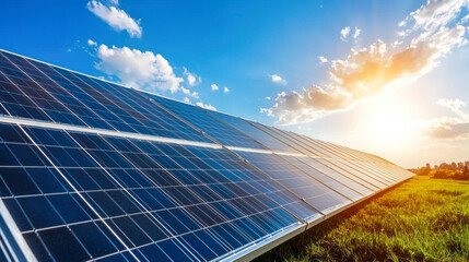 solar panel array captures sunlight in vibrant landscape, showcasing advancements in renewable energy. scene is illuminated by warm sunset, highlighting importance of sustainable technology