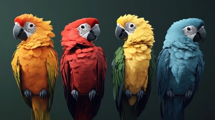 A vibrant display of four colorful parrot sculptures, showcasing artistic representation.