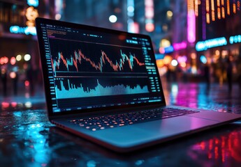 Aufkleber - Laptop Displaying Financial Graphs in a Vibrant City Background